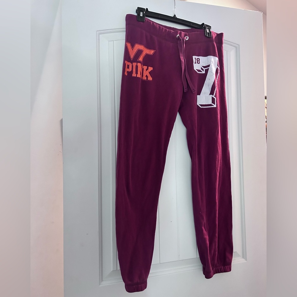 PINK Victoria's Secret Maroon Track Joggers with Orange and White Logos